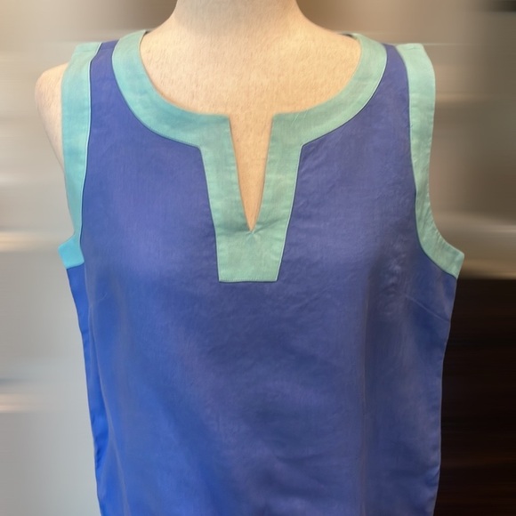 100% Linen Sigrid Olsen Sleeveless V-Neck Dress Blue/Green L - Picture 2 of 6